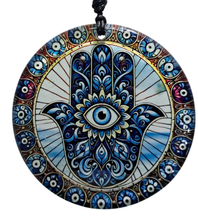 Füzyon Cam Dekor - Fatma Ana Eli - Hamsa - Nazar Boncuklu Cam Tablo - 23 cm ÇAP