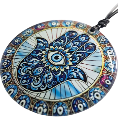 Füzyon Cam Dekor - Fatma Ana Eli - Hamsa - Nazar Boncuklu Cam Tablo - 23 cm ÇAP