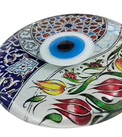 Nazar Boncuklu Füzyon Cam Dekor - Osmanlı Lale Motifi - Cam Duvar Süsü - 23 cm ÇAP