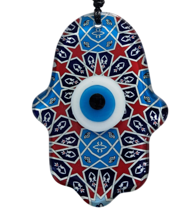 İznik Çini Desenli Fatma Ana Eli - Hamsa - Nazar Boncuklu Füzyon Cam Duvar Süsü - Cam Kalınlığı 1 cm