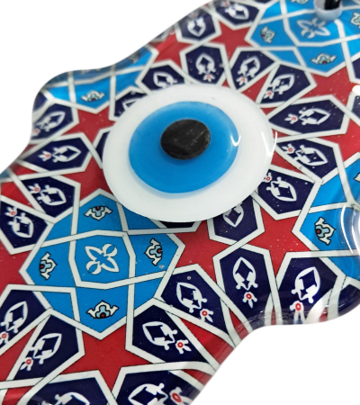 İznik Çini Desenli Fatma Ana Eli - Hamsa - Nazar Boncuklu Füzyon Cam Duvar Süsü - Cam Kalınlığı 1 cm