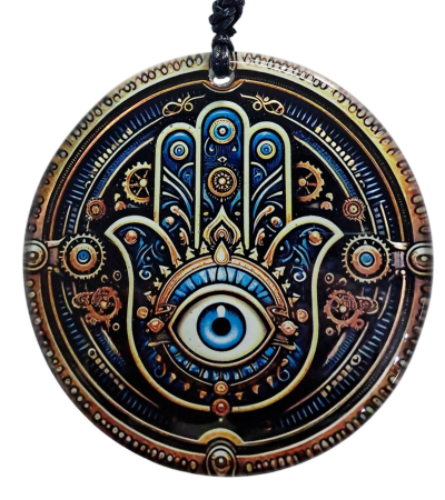 Nazar Boncuklu Füzyon Cam Dekor - Fatma Ana Eli - Hamsa - Cam Tablo - 23 cm ÇAP