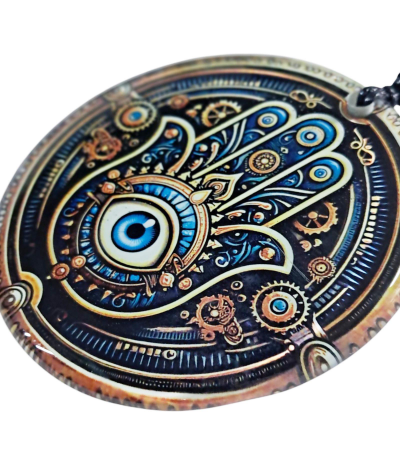 Nazar Boncuklu Füzyon Cam Dekor - Fatma Ana Eli - Hamsa - Cam Tablo - 23 cm ÇAP