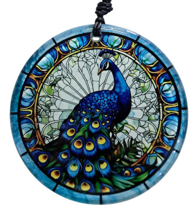 Füzyon Cam Dekor - Tavus Kuşu - Cam Tablo - 30 cm ÇAP