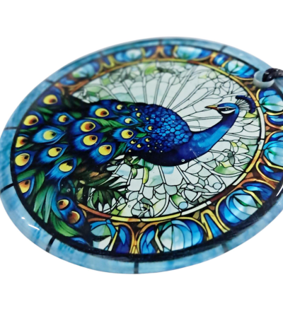 Füzyon Cam Dekor - Tavus Kuşu - Cam Tablo - 30 cm ÇAP