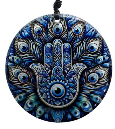 Nazar Boncuklu Füzyon Cam Dekor - Fatma Ana Eli - Hamsa - Cam Resim - 30 cm ÇAP