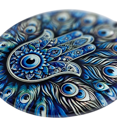 Nazar Boncuklu Füzyon Cam Dekor - Fatma Ana Eli - Hamsa - Cam Resim - 30 cm ÇAP