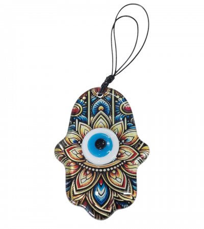 Renkli Desenli Fatma Ana Eli (Hamsa) Nazar Boncuklu Füzyon Cam Duvar Süsü - Cam Kalınlığı 1 cm