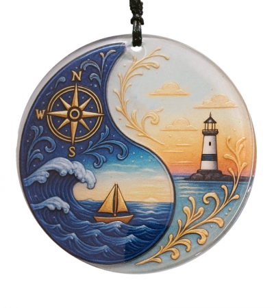 Deniz Temalı Yin Yang Füzyon Cam Duvar Süsü – Pusula ve Deniz Feneri Desenli - 23 cm ÇAP