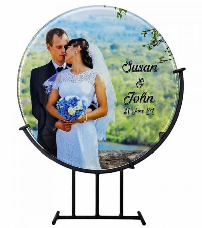 Kişiye Özel Gelin Damat Baskılı Füzyon Cam – Metal Standlı Dekoratif Cam Sanatı