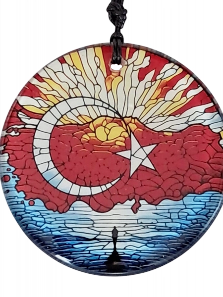 Füzyon Cam Duvar Süsü - Türkiye - Türk Bayrağı - Cam Tablo - 30 cm ÇAP