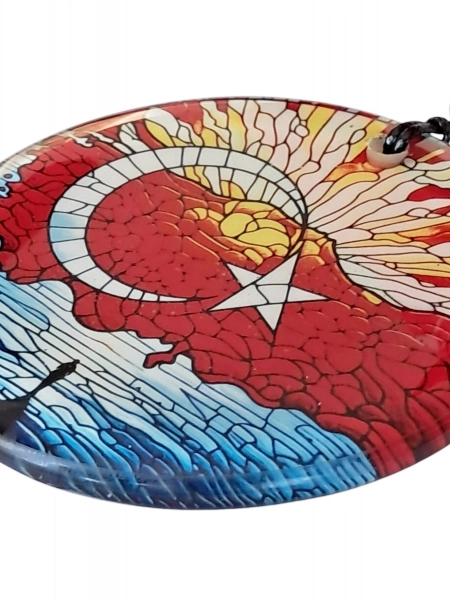 Füzyon Cam Duvar Süsü - Türkiye - Türk Bayrağı - Cam Tablo - 30 cm ÇAP
