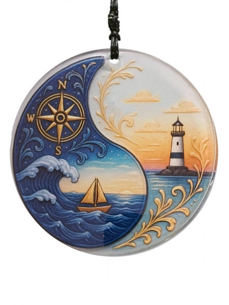 Deniz Temalı Yin Yang Füzyon Cam Duvar Süsü – Pusula ve Deniz Feneri Desenli - 23 cm ÇAP
