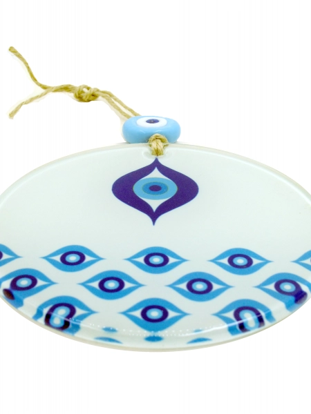 Modern Desenli Nazar Boncuklu Füzyon Cam Duvar Süsü - El Yapımı Cam Dekor - 23 cm ÇAP